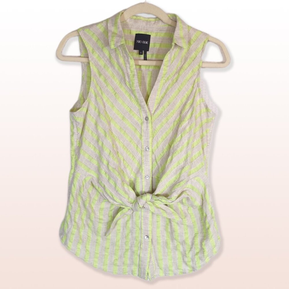 NIC+ZOE Sleeveless Top Lime Stripe Linen Tie Front Size